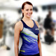 A sleeveless women's performance singlet in blue with green and white design elements, featuring a logo.