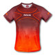 A custom women's performance t-shirt in shades of brown and orange, featuring a honeycomb pattern and a logo.