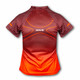 A women's performance t-shirt in maroon and orange, featuring a geometric pattern and a logo on the back.