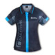 A custom women's performance polo shirt in black and blue, featuring a logo.