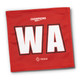 A red netball bib featuring large white letters "WA" and a logo at the bottom.