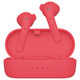 Red earbuds resting in a matching charging case, featuring a logo on the side. Made from recycled plastic.