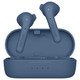 A pair of blue earbuds rests in a matching case, featuring a logo on the side of the earbuds.