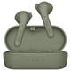 Green earbuds made from recycled plastic, displayed in a matching case, featuring a logo.