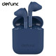 A pair of navy blue earbuds in a charging case, with a logo on the case.