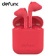 Red true wireless earbuds housed in a matching case, made from recycled plastic, featuring a logo on the case.