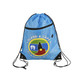 A blue polyester drawstring bag featuring a zippered pocket and a logo on the front.