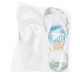 EVA talking footprint thongs in white and colourful tropical design, packaged in clear plastic. Includes a logo.