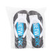 Black and white thongs with blue accents, packaged in a clear plastic bag, featuring a logo.