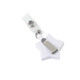 A white star-shaped retractable card holder with a clip and a badge reel.