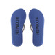 A pair of blue rubber thongs with a textured sole, featuring a branding logo on the footbed.