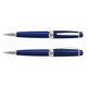 A blue ballpoint pen with silver accents, featuring a sleek design and a branding logo.