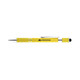 A yellow pen with a textured grip, silver accents, and a logo on the barrel.