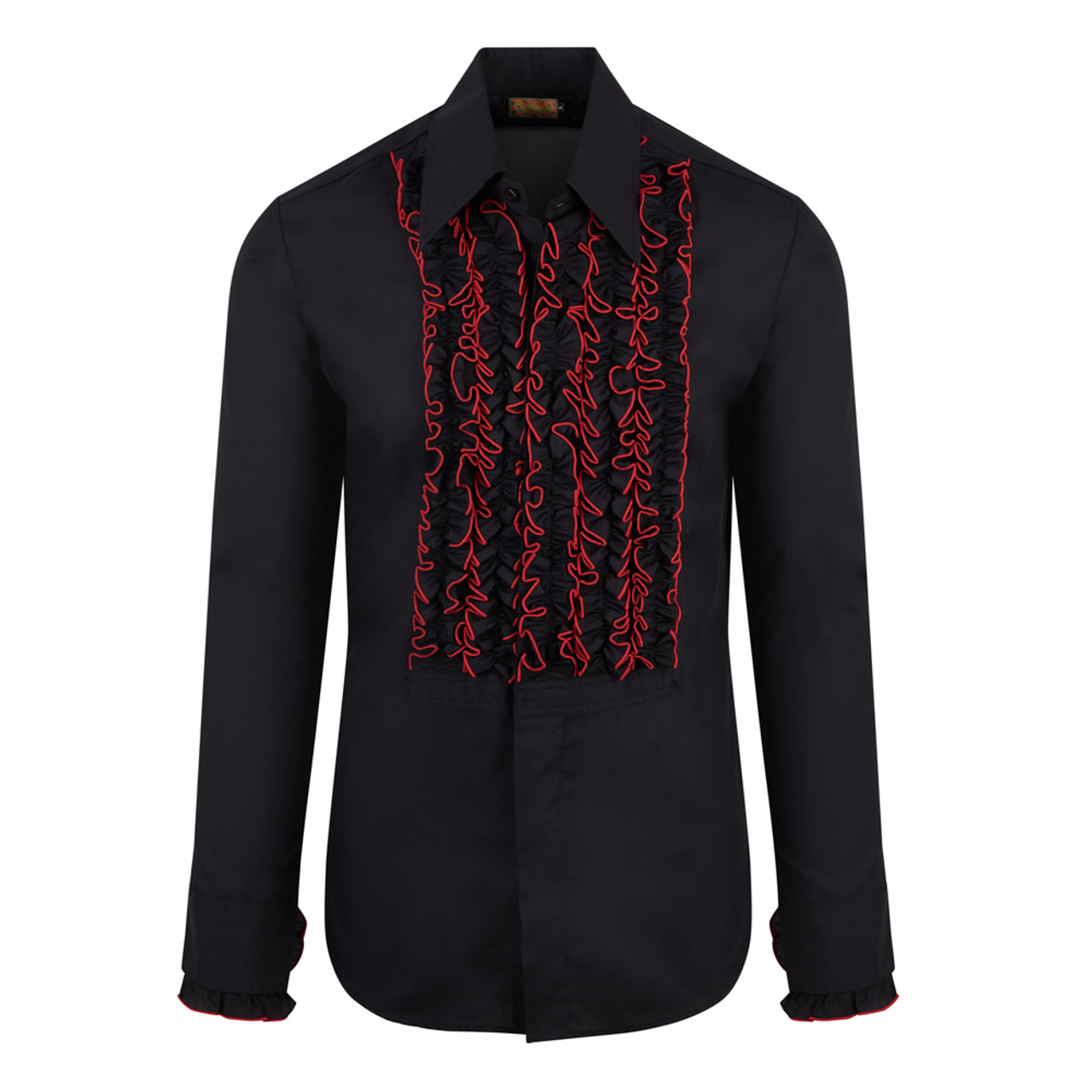 Shirt From The 70s With Ruffled Front & Cuffs Mens Black/Red | Chenaski |  Retro Star London