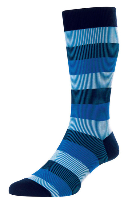 Pantherella Men's Stirling Shadow Rib 1x1, 3 Stripe Egyptian Navy Cotton Socks
