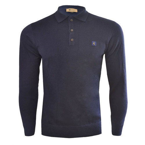 Gabicci Vintage Mens Fine Knitted Long Sleeve Plain Navy Francesco Polo Shirt