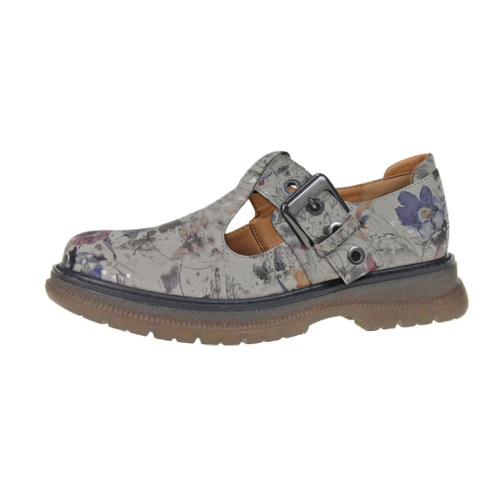 Cipriata Shoe T-Bar Buckle Mary Jane Light Grey Floral Print Chunky Low Heel