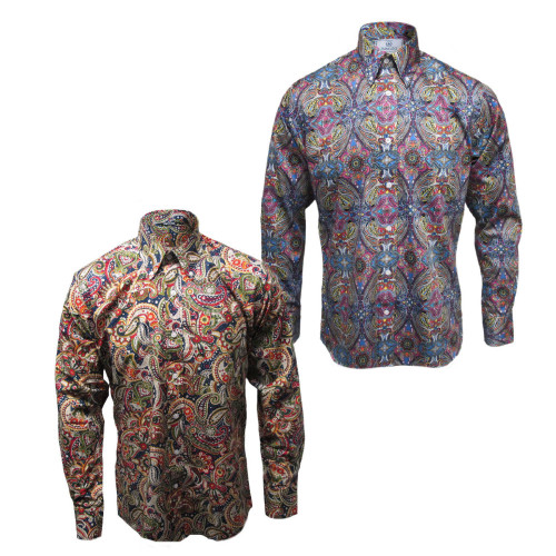 Relco Mens Long Sleeve Satin Paisley 60s Shirt