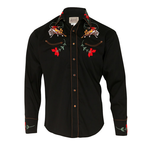 Mens Rockmount Vintage Bronco Western Embroidered Black Cowboy Shirt