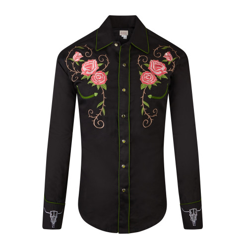 Rockmount Mens Longhorn Steer Floral Western Black Cowboy Shirt