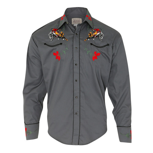 Mens Rockmount Vintage Bronco Western Embroidered Grey Cowboy Shirt