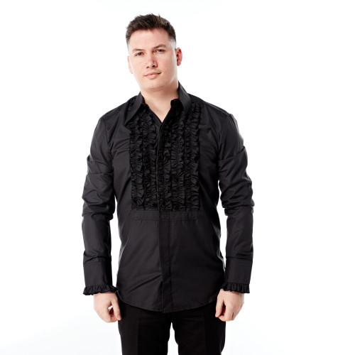 Zen Retro Mens Ruffle Ruche Frill Dinner Black Tuxedo Shirt