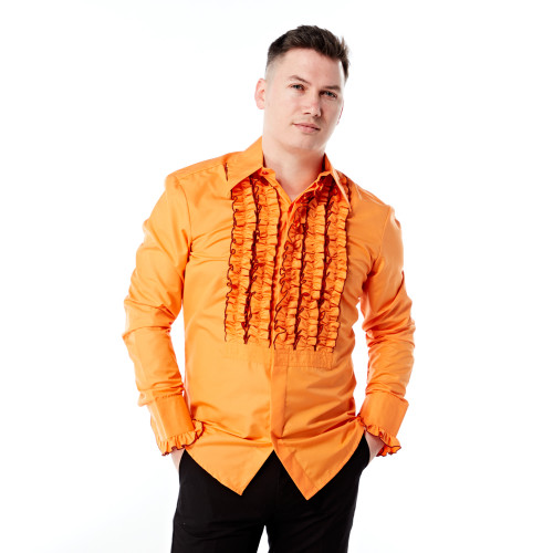 Zen Retro Mens Ruffle Ruche Frill Dinner Orange/Brown Tuxedo Shirt