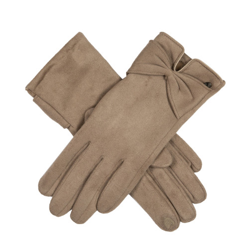 Dents Women's Camel Faux Suede Touchscreen Gloves With Bow