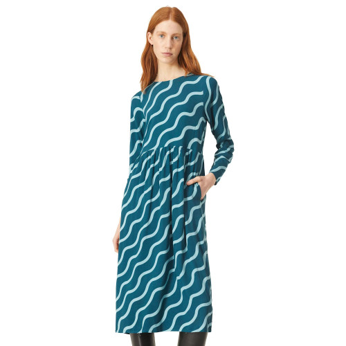 Compañía Fantástica Mid Calf Smock Round Neck Ocean Blue Wave Print Dress