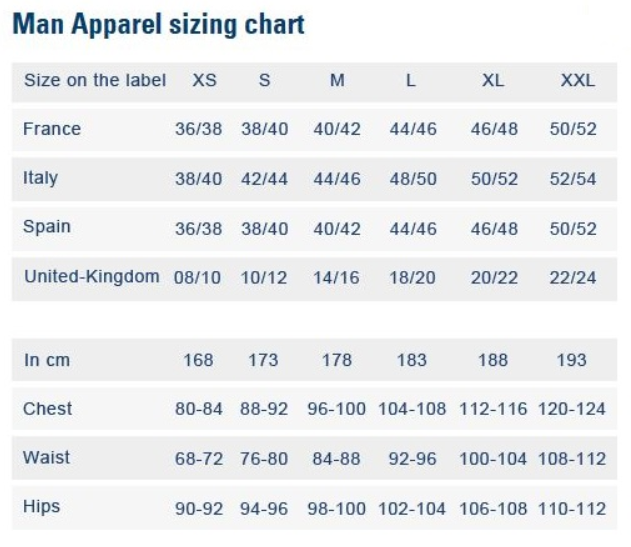 size chart le coq sportif