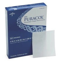 Puracol collagen dressing 4" x 4-1/4" size, sterile, highly absorbent.