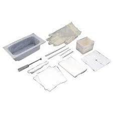 Amsure tracheostomy care tray. Includes 500ml tray, cleaning brush, four 4" x 4" gauze sponges, four pipe cleaners, pair of vinyl gloves, two cotton tip applicators with plastic shaft, twill tape, tracheostomy dressing, waterproof drape and popup basin.