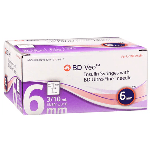 BD Veo Insulin Syringes W Ultra-Fine Needle 6mm 31g 3/10 100/Box 1/2 Unit Marking Short Dated EXP: 6/26