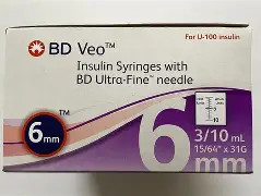 BD Veo Insulin Syringes W Ultra-Fine Needle 6mm 31g 15/64" 100/Box