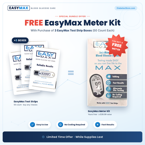 EasyMax Meter Free with Purcase of 3 Boxes of EasyMax Blood Glucose Test Strips 50 ct