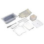 Amsure tracheostomy care tray. Includes 500ml tray, cleaning brush, four 4" x 4" gauze sponges, four pipe cleaners, pair of vinyl gloves, two cotton tip applicators with plastic shaft, twill tape, tracheostomy dressing, waterproof drape and popup basin.