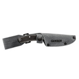 Gerber Downwind Black Fixed Blade Caper, Plain Edge, Drop Point, Waxed Canvas Sheath
