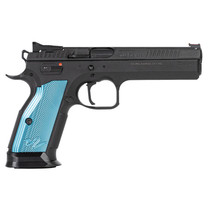 CZ-USA 91222 TS 2 40 S&W 17+1 5.28" Black Steel Barrel, Black Serrated Steel Slide, Black Polycoat Steel Frame w/Beavertail, Blue Checkered Aluminum Grip, Ambidextrous