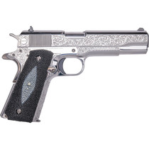 Cnc Firearms CNCTUX38 Colt 1911 Tuxedo 38 Super 9+1 5" Stainless Steel Barrel, High Polished w/Black DLC Engraving Stainless Steel Serrated Slide & Frame, Stingray Grip