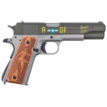 Auto-Ordnance 1911BKOC19 1911 Memphis Belle Full Size Frame 45 ACP 7+1 5" Stainless Steel Barrel, OD Green Cerakote Serrated Slide, Gray Cerakote Steel Frame w/Beavertail, Custom Engraved Wood Grip