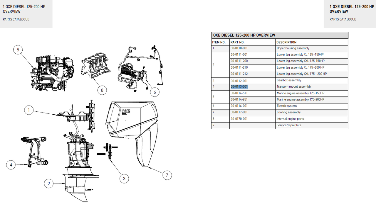 Lower leg assembly for 125-150 XL (25") - OXE diesel outboard part (part 30-0111-001)