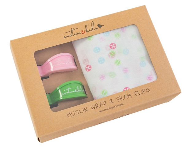 Pink/Green Button Muslin Wrap & Clips Set