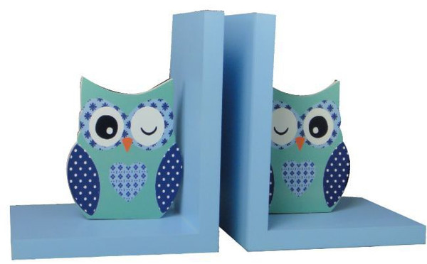 Blue & Green Owl Wooden Bookends