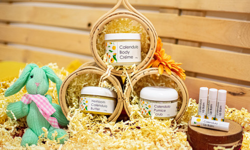 All products are made with our calendula oil made from precious calendula flowers.  Calendula has anti-inflammatory properties, helps with collagen production and soothes dry chafed skin.

Calendula Body Crème – is a silky luxurious nourishing body crème infused with our calendula oil. Good for dry chafed skin.

Heirloom Calendula Butter – is great for massage, and dry skin, made with our calendula oil, beeswax and vitamin C. You can customize your butter with pure essential oils.

Calendula Body Scrub – Rich nourishing, exfoliating scrub, sloughs away dry skin while moisturizing and replenishing. 

Lip Balm – A smooth unscented balm to protect and nourish lips. We think it is the best lip balm ever!
