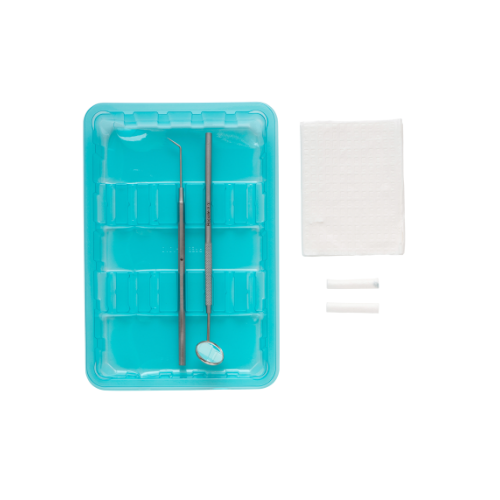 Dental Examination Kit Sterile with Dental Mirror, Dental Probe, Dental Roll, Paper Towel, Tissue and a Tray