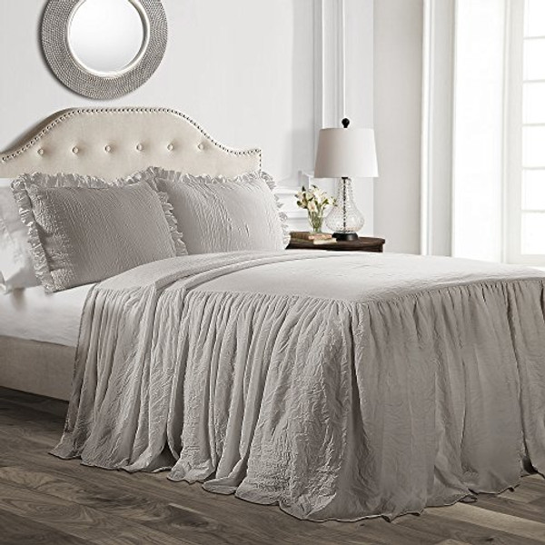 Lush Decor Ruffle Skirt Bedspread Gray Shabby Chic Farmhouse Style Lightweight 3 Piece Set, Queen