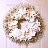 20" Seashell Wreath on White Twig with White Star Fish, Sea Urchins, & Pearl Accents