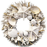 Seashell Wreath on White Twig with White Star Fish, Sea Urchins, & Faux Pearl Accents