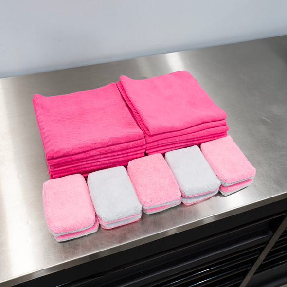 The Clean Garage | Pink Coating App Kit | 10 AutoFiber Saver Applicators 20 Pink Towels | The Clean Garage