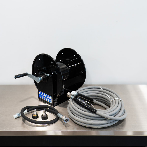 Cox Custom Pressure Washer Hose Reel Kit | BLACK | Gray Kobrajet Hose The Clean Garage